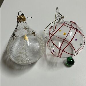 2 pier 1 Glass Christmas Ornaments with Gold and Red Accents.